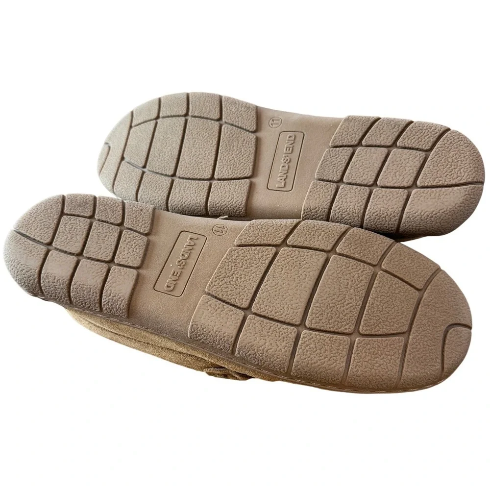 Lands' End Moccasin Slippers Mens 11 Tan Suede Whipstitch Indoor Outdoor